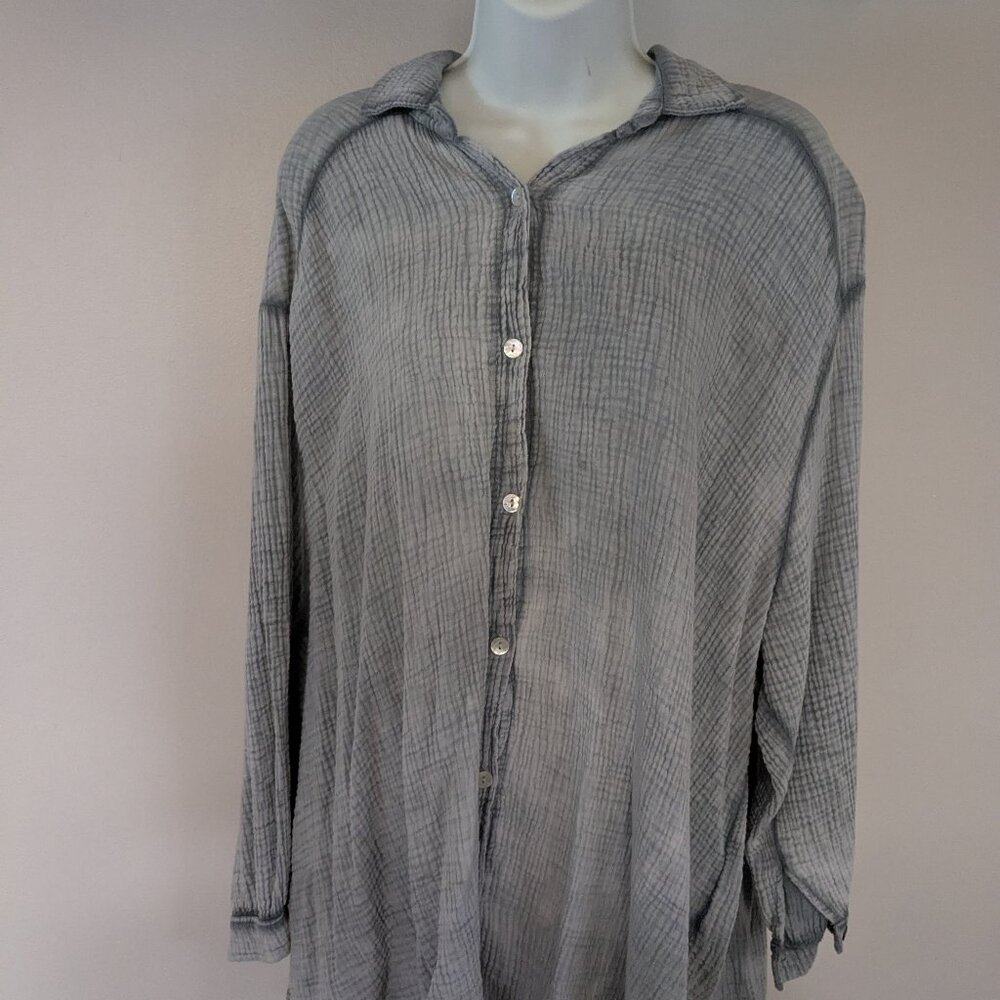 Cobblestone Living Green Cotton Button Down Women's Summer Top Waffle Weave 2X